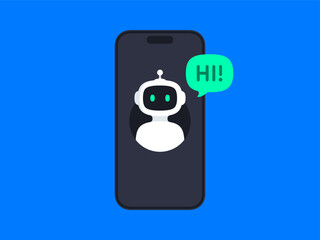 Wall Mural - Chatbot concept. Online communication with chat bot. Bot say Hi through the smartphone screen. AI robot customer support assistant. Vector illustration