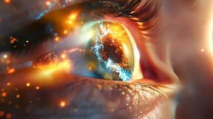 Close-up of a human eye reflecting the universe and galaxies, symbolizing a deep connection between humanity and the cosmos with a focus on vision and wonder