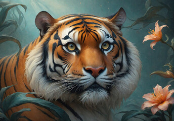Wall Mural - Fantasy Illustration of a wild animal tiger. Digital art style wallpaper background.