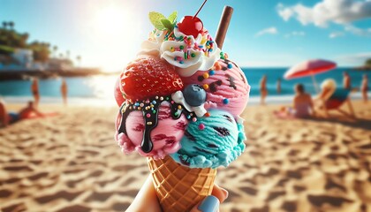 Hand holding a mixed-flavor ice cream on a sunny summer beach with a bright blue sky.