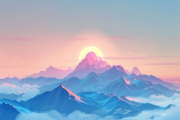 Poster - A picturesque mountain landscape at dawn, with the first rays of the sun illuminating the peaks. The sky features soft pastel hues, creating a tranquil and inspiring scene. Generative AI