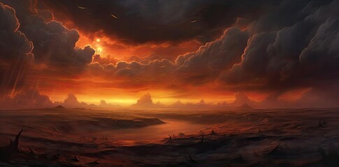 Wall Mural - Fiery Sunset Over a Barren Landscape - Digital Illustration