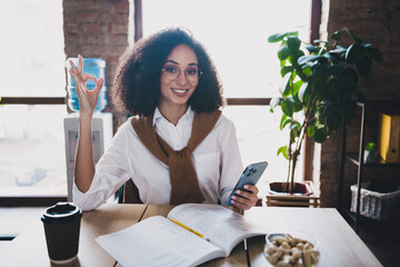 Poster - Photo of nice successful business woman phone okey symbol wear white shirt modern office indoors