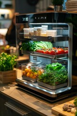 Modern Smart Refrigerator Displaying Fresh Produce in a Kitchen