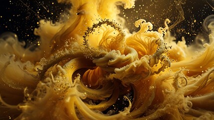 Wall Mural - A mesmerizing composition of swirling Yellow Gold smoke adorned with sparkling glitter particles, creating an ethereal and luxurious abstract background. Generative Ai.