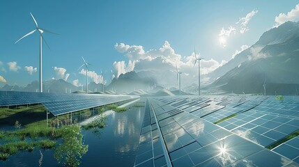 Renewable Energy Landscape with Solar Panels and Wind Turbines in Mountainous Region