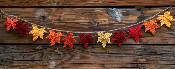 Beautiful crochet autumn leaves garland, vibrant fall colors, hanging against a rustic wooden wall, cozy and festive seasonal decor