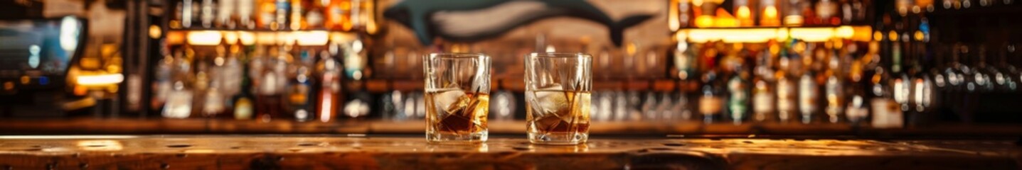 Wall Mural - stylish bar interior accented by two thick bottom glasses filled with vodka and ice on a rustic wooden bar counter. The bar is lined with various liquor bottles on shelves