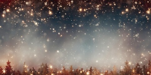 Wall Mural - Winter Forest Background with Snowflakes and Glowing Lights - Abstract Background Image