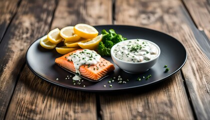 Wall Mural - salmon with tartar sauce on the black wooden surface
