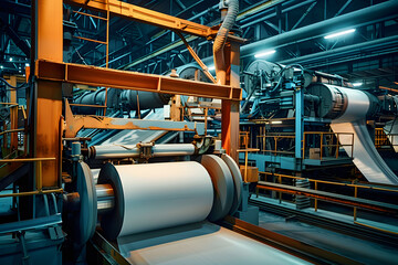 paper being produced in a mill with machines converting pulp into rolls. 