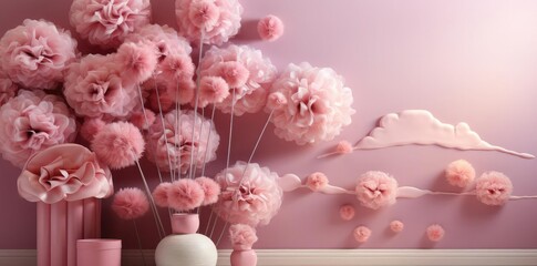 Wall Mural - Pink Floral 3D Illustration with White Vase and Pink Cylinders