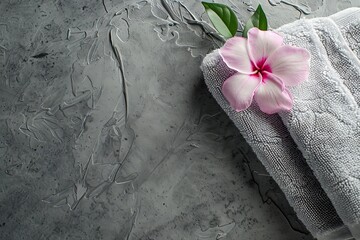 Wall Mural - Soft towel with a flower in a grey decorative stucco background top view isolated