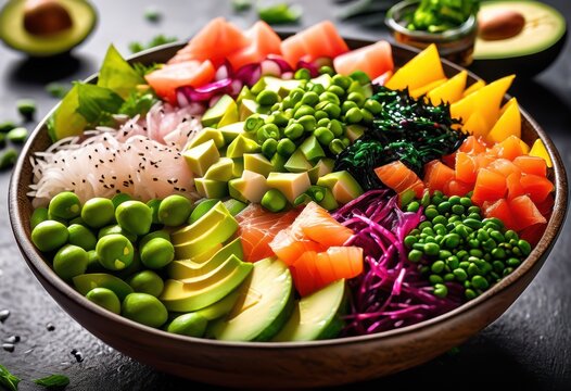 colorful poke bowl art fresh ingredients vibrant composition, artistic, presentation, colors, visually, appealing, food, appetizing, display, arrangement