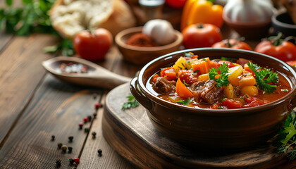 Wall Mural - Bowl of tasty beef stew and fresh vegetables on wooden table background