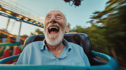 A senior man with a white beard laughs in delight as he rides a roller coaster.