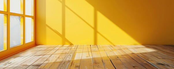 Wall Mural - Empty room with yellow walls and wooden floor, illuminated by sunlight. Ideal for interior design, home decor, and real estate content. Free copy space for banner.