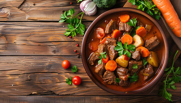 Bowl of tasty beef stew and fresh vegetables on wooden table background