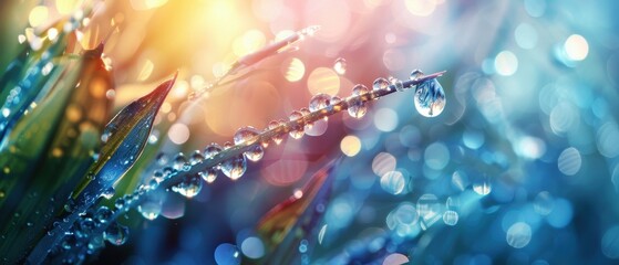 Wall Mural - Dew Drops on Grass Blades with Bokeh Background