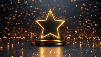 Glowing star shaped trophy on a sparkling background, radiating achievement and success.