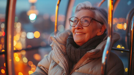 Wall Mural - A senior woman with gray hair and glasses smiles while riding a ferris wheel at night, enjoying the city lights.