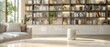 © EnelEva - Blurred background of a modern living room interior with a beige marble table and shelf on the wall, creating a blurred bokeh effect.