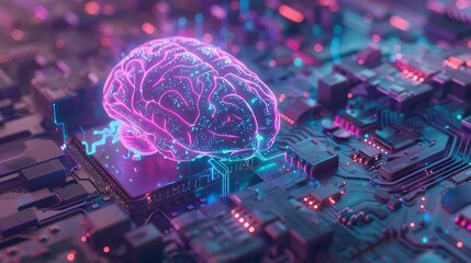 The digital brain is surrounded by neon technological circuits and patterns.