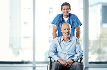 Canvas Print - Man, wheelchair and nurse for community care, medical and help for healthcare patient. Disabled, smile and hopeful with portrait of male person and helper, window and rehabilitation with carer