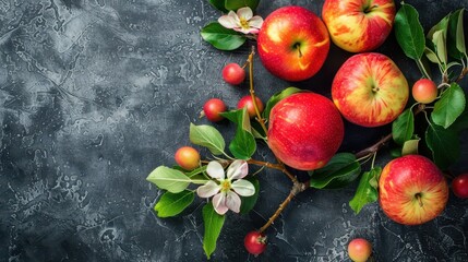 Wall Mural - Red Apples with Green Leaves and Flowers on Dark Background