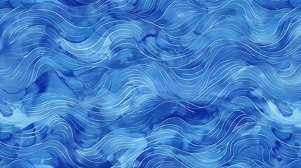 Wall Mural - Blue seamless background with watercolor waves. Abstract waves in blue colors. Sea pattern.