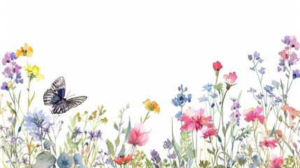 Wall Mural - Isolated watercolor illustration with wildflowers, herbs and butterflies. Illustration for card, border, banner or other design project.