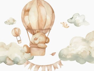 Wall Mural - Cartoon bear flies on balloons among clouds. Hand drawn watercolor illustration. Can be used as a kid's poster or card.