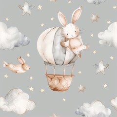 Wall Mural - Bunny flies in balloon among clouds, stars and butterflies. Watercolor seamless pattern on grey background. Perfect for children's rooms.