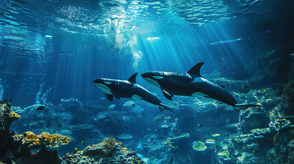 Sea World Themed Background Underwater Aquatic Landscape, Orca Whale. 