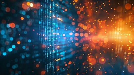 The glow of binary code and the bokeh effect are visible in this digital data stream