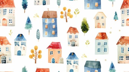  Old city seamless pattern. Perfect for fabric, textile, wallpaper, or kindergarten projects. Abstract seamless pattern with houses. Background in watercolor.