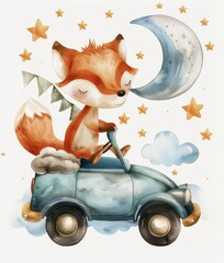 Wall Mural - Imaginary adventure dream. Watercolor poster for kids room. Fox driving a car in the sky on the moon.