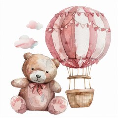 Wall Mural - This watercolor illustration shows a Teddy bear releasing a balloon. It can be used for invitations, posters, cards, and more.