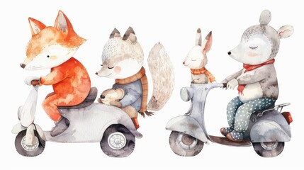 Canvas Print - Illustration with foxes in retro cars, polar bears on scooters, and mice in shoes with wheels. An adventure with animal friends. Watercolor set. The perfect baby card.