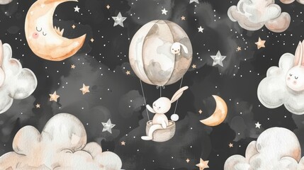 Wall Mural - Cloud, moon, and star watercolor seamless pattern background. Perfect for a child's room. Dark gray background.