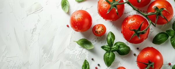 Wall Mural - A close up of a bunch of ripe red tomatoes and basil leaves. Concept of freshness and abundance, as the tomatoes are ripe and ready to be eaten. 