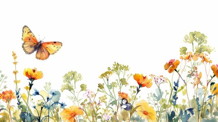 Wall Mural - An illustration with wildflowers, herbs, and butterflies. Panoramic horizontal illustration with summer meadow. For uses such as cards, borders, banners, or any other type of design.