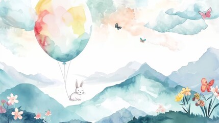 Wall Mural - A funny bunny flies on a balloon among mountains, clouds, and butterflies. A watercolor illustration of a summer mountainscape with clouds and butterflies.