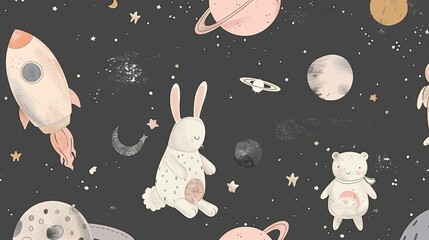 Canvas Print - Space adventure. Beautiful pattern for a child's room. Bunny and bear dream about space.