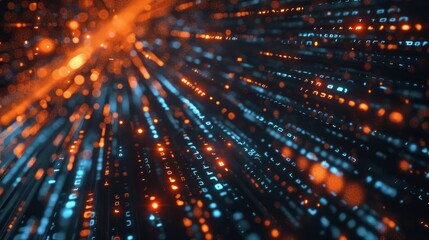 Visual concept of data streaming in cyberspace with glowing orange and blue numbers on a dark background, suggesting digital data, coding, or cyber technology.