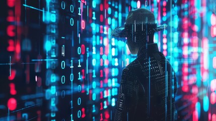 Hacker Binary Code Visualization In A High Tech Server Software. 3D Neon Hacker Data Text Visualization In A Matrix Cyberspace.