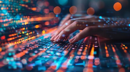 An illustration of fingers typing quickly amid streams of digital data on a keyboard. It illustrates the fast-paced world of technology.