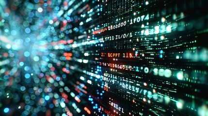 An animated word cloud shaped like a matrix or binary computer code in 4k GPT-4 format. Text design animation, changing from zero to one digits with abstract backgrounds.