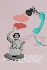 Poster - Vertical photo collage of happy business girl point bubble telephone peek hand hold megaphone call center isolated on painted background