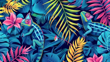 Wall Mural - Two colorful chameleons blend in with a background of tropical leaves in vibrant hues.